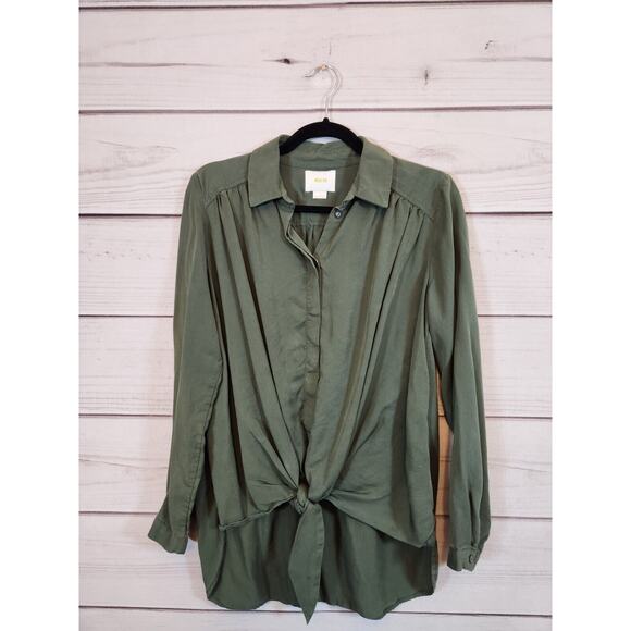 Maeve‎ Olive Green 'Tuesday Blouse' Button Down Tie Front Top Size S - Picture 1 of 6